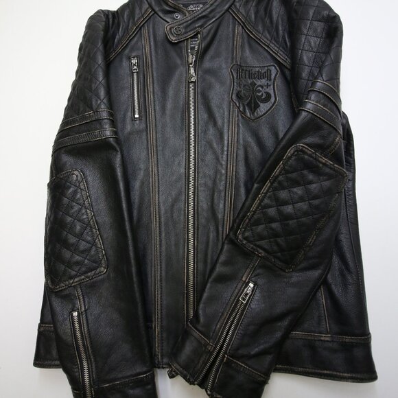 Affliction Black Premium Limited Leather Jacket Mens L fits Slim Cross Back Moto - Picture 9 of 16